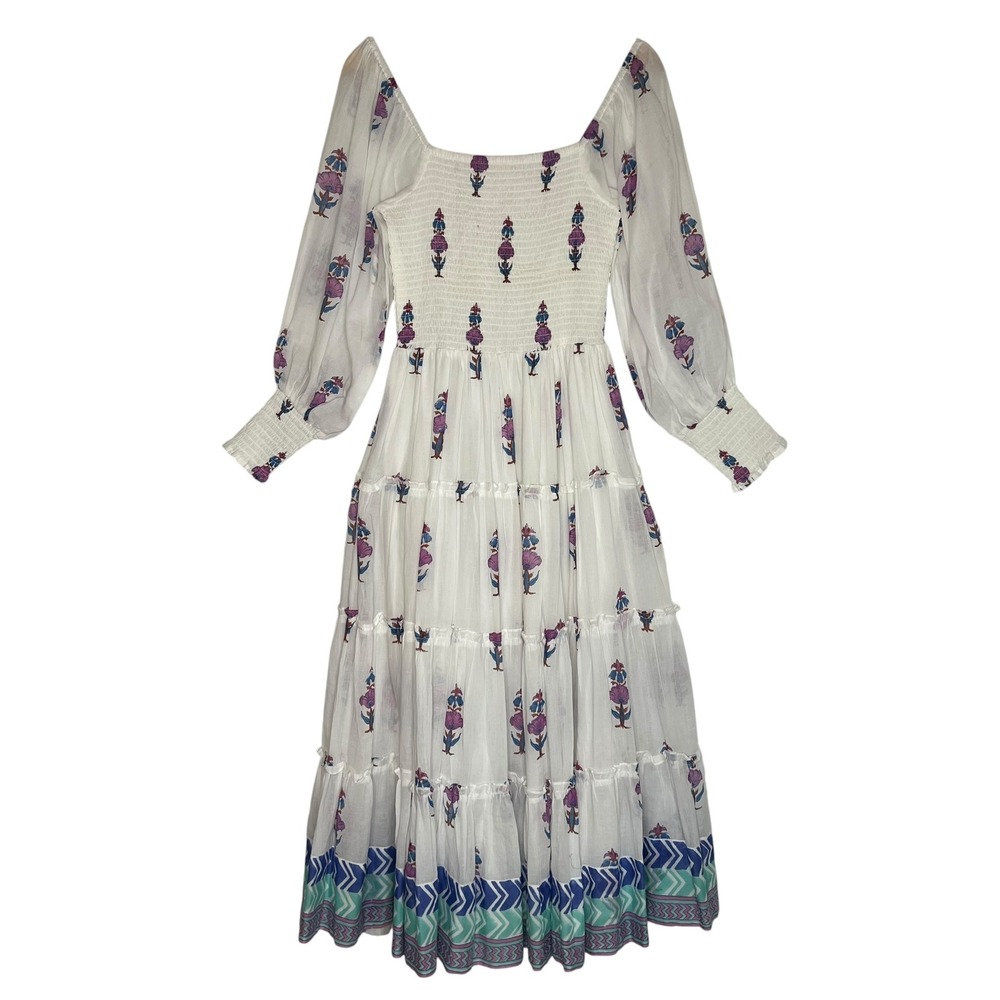 Oliphant Smocked Top Balloon Sleeve Tiered Cotton Midi Dress Zohar Blue Print M